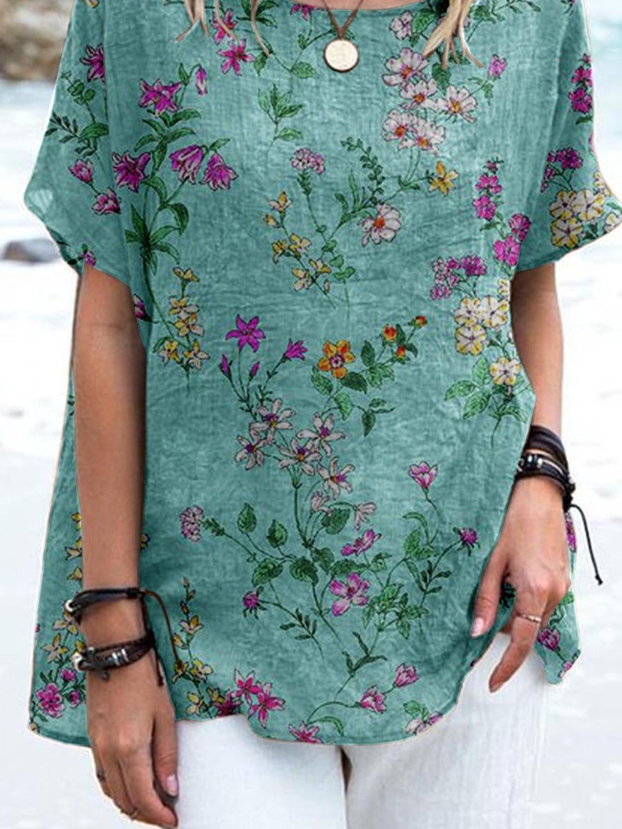 Women's Elegant Floral Print Cotton and Linen Top