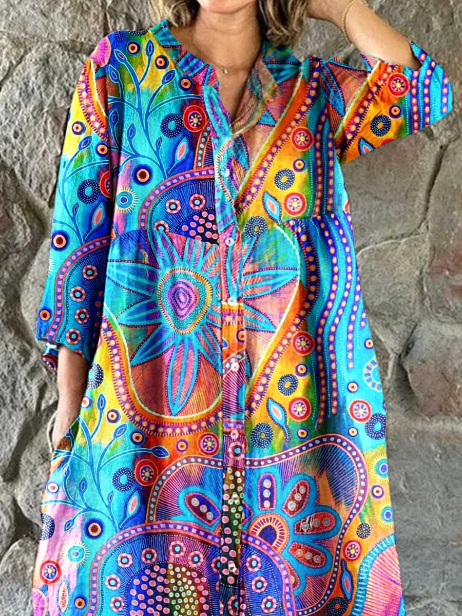 Women's Arty Bohemian Geometric Pattern Cotton and Linen Shirt Dress