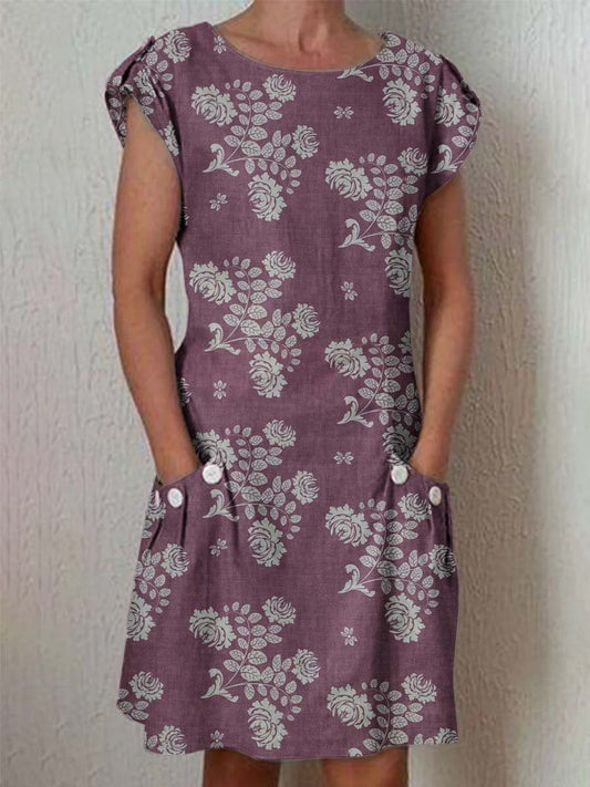 Women's Simple Elegant Decorative Floral Pattern Round Neck Cotton and Linen Dress