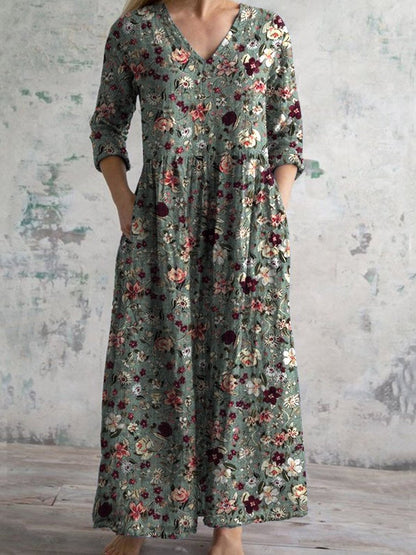 Women's Elegant Vintage Floral Pattern Cotton Dress With Pockets