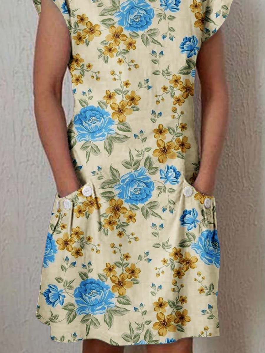 Women's Elegant Floral Pattern Round Neck Cotton and Linen Dress