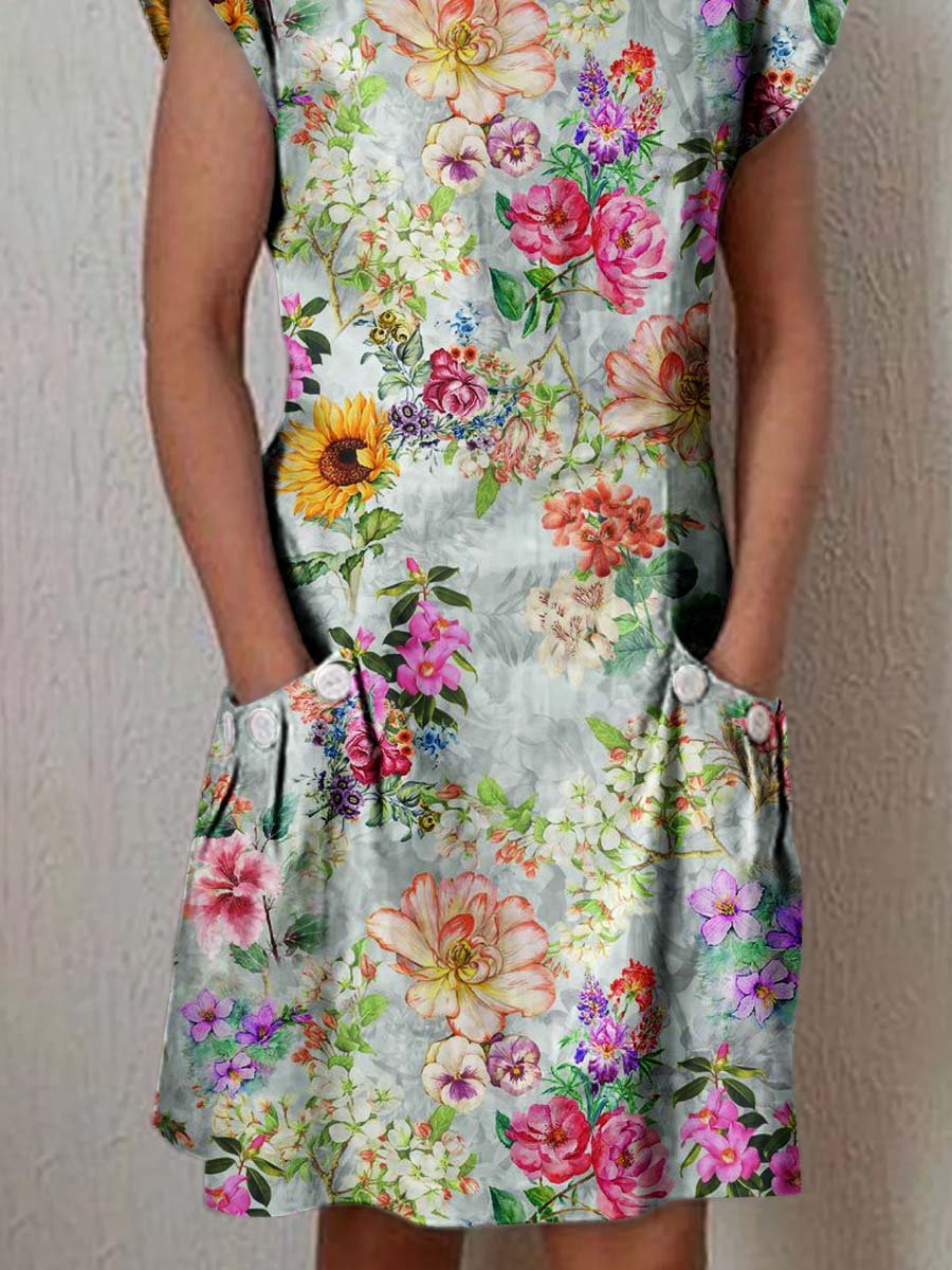 Women's Elegant Sunflower Floral Cotton and Linen Dress