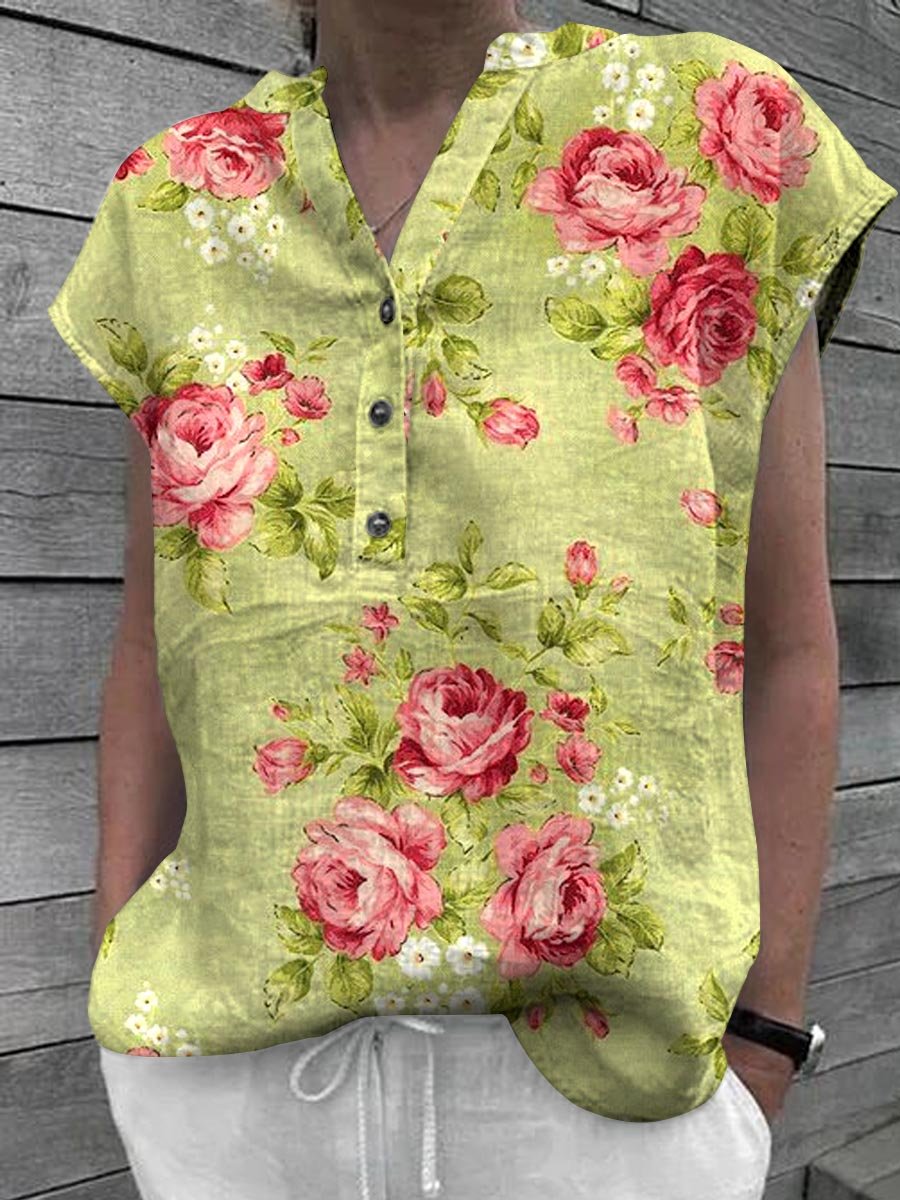 Women's Floral Art Casual Cotton Shirt Top