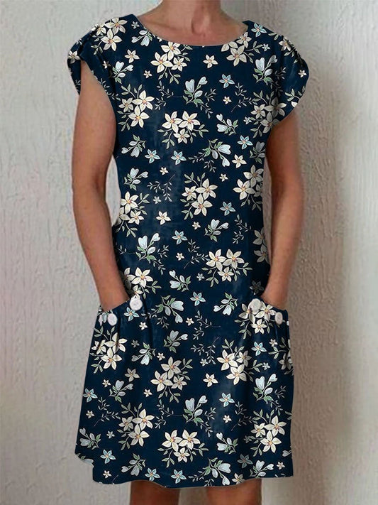 Women's Elegant Vintage Floral Pattern Cotton Dress With Pockets