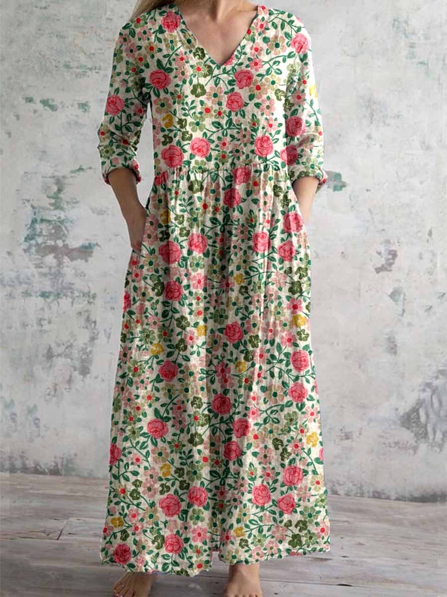 Women's Elegant Pastoral Rose Floral Cotton and Linen Dress with Pockets