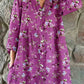 Women's Elegant Simple Floral Pattern Shirt Style Cotton and Linen Dress