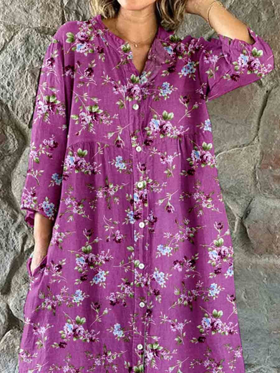 Women's Elegant Simple Floral Pattern Shirt Style Cotton and Linen Dress