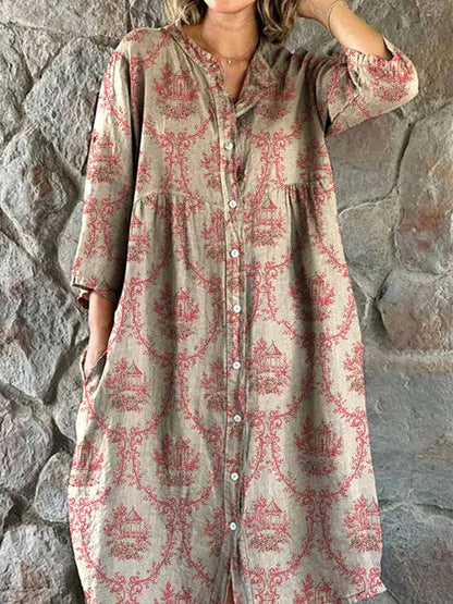 Women's Elegant Simple Floral Pattern Shirt Cotton and Linen Dress with Pockets