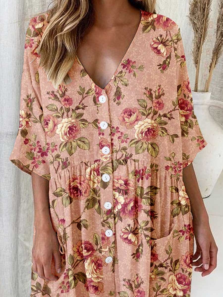 Women's Elegant Rose Floral Pattern V-Neck Cardigan Cotton and Linen Dress