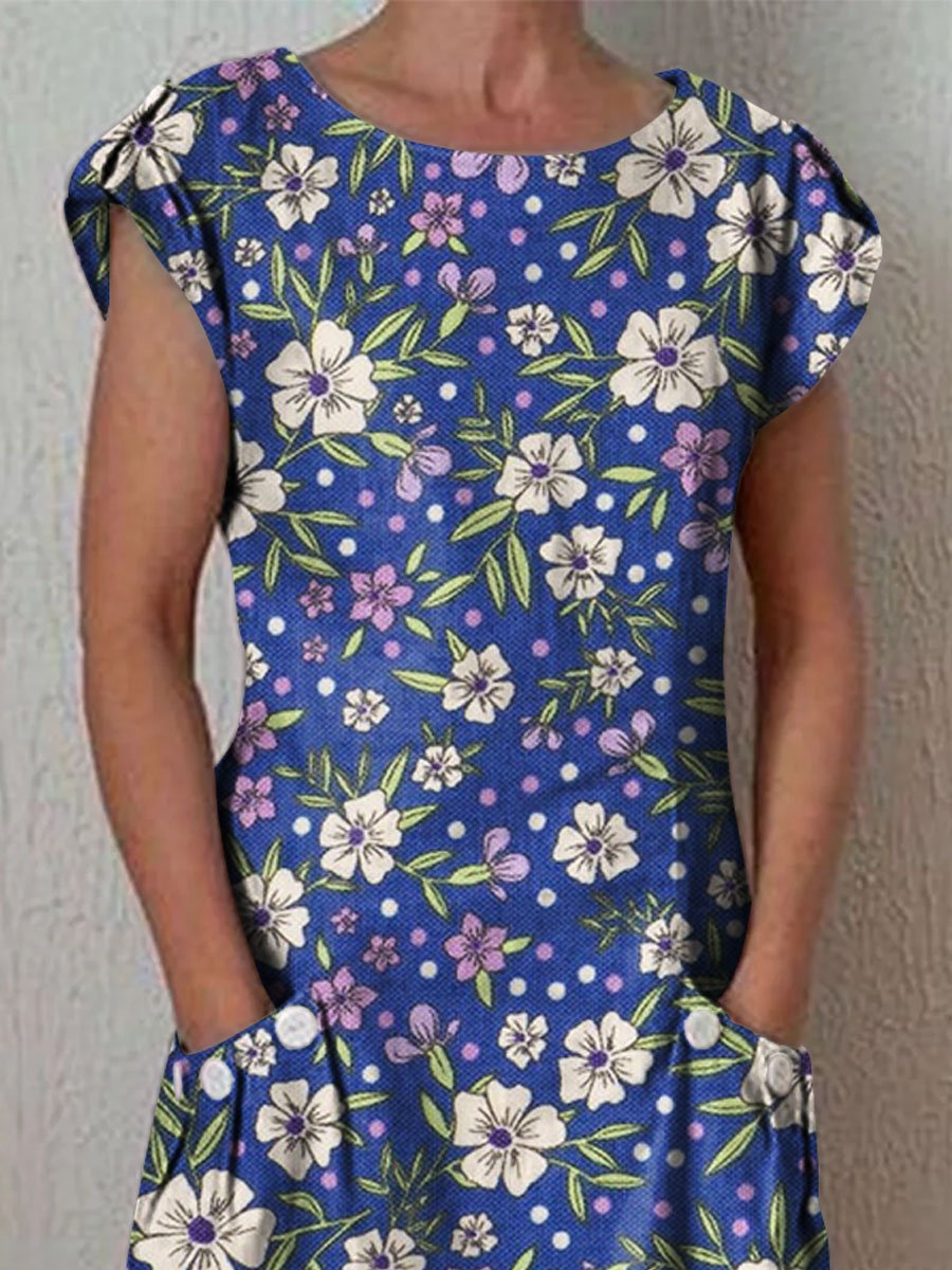 Women's Elegant Vintage Floral Pattern Cotton Dress With Pockets