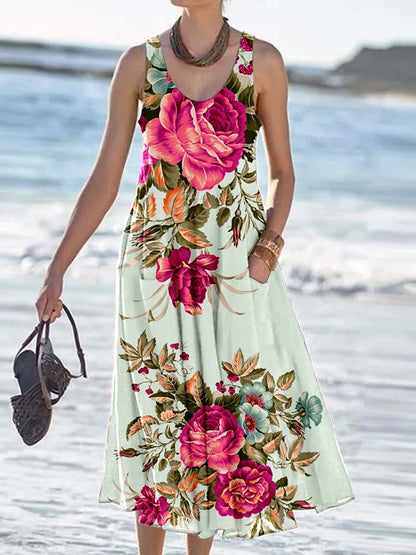 Women's Floral Print Resort Tank Top Dress with Pockets