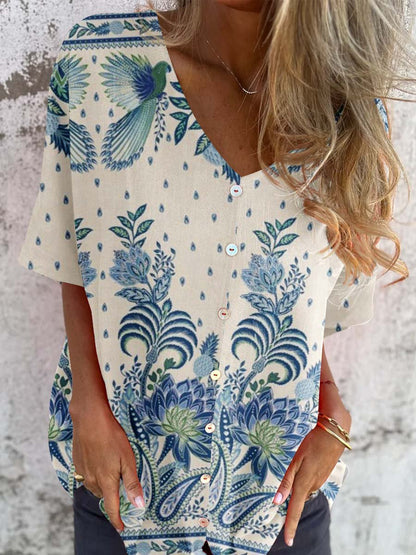 Women's Elegant Vintage Floral Pattern Shirt Style Cotton and Linen Top