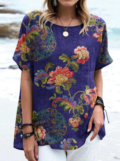 Women's Retro Elegant Floral Round Neck Cotton and Linen Top