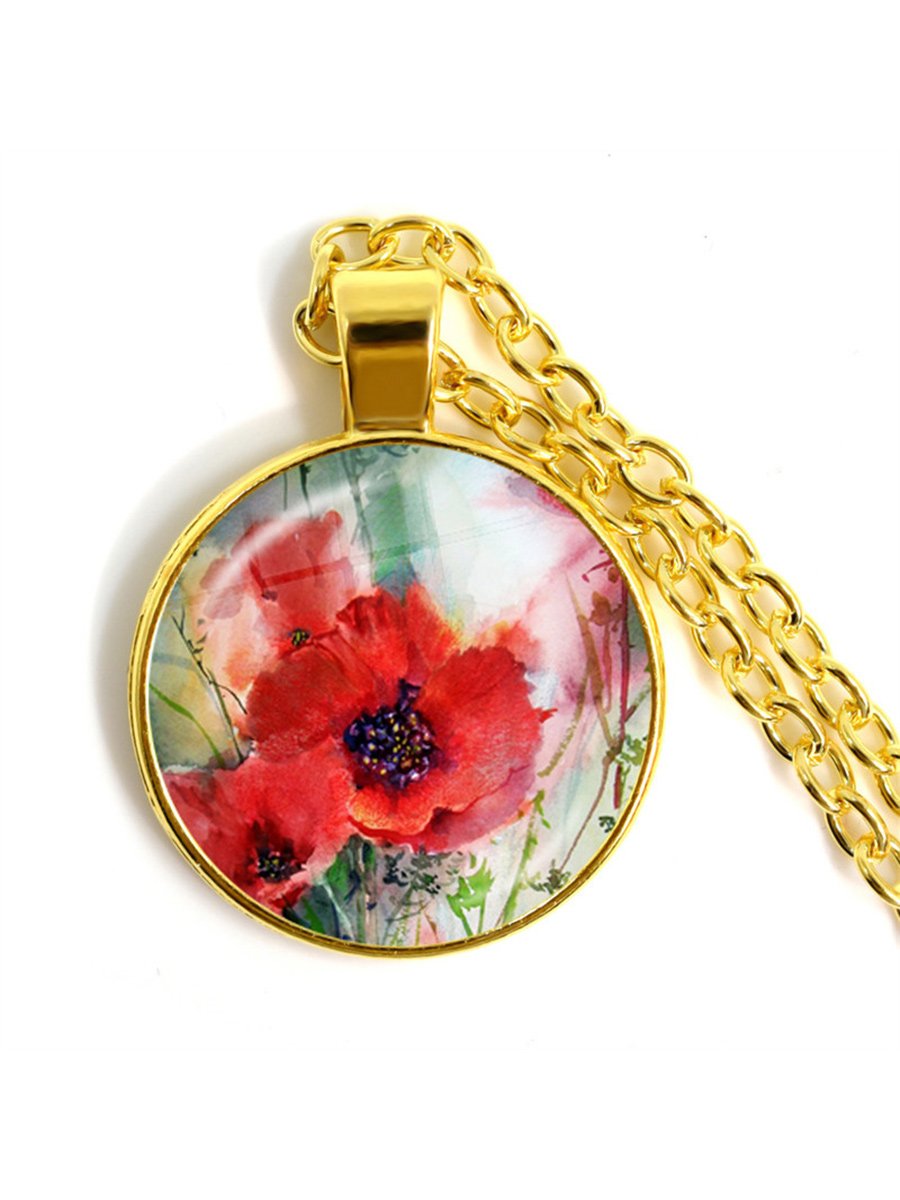 Stylish Poppy Pattern Glass Round Gold Necklace