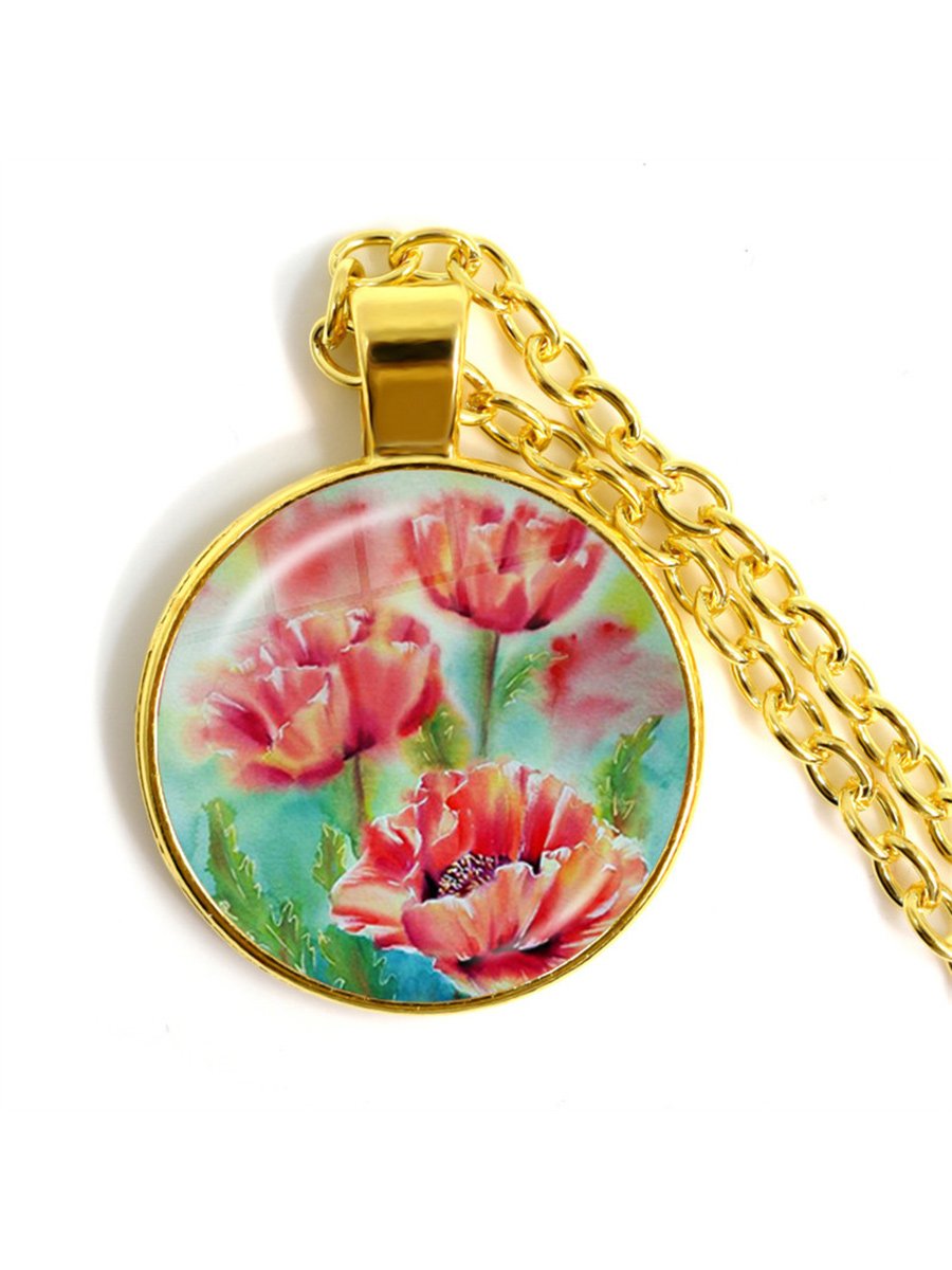 Stylish Poppy Pattern Glass Round Gold Necklace