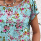 Women's Floral Pattern Print Decorative Button Round Neck Short Sleeve Cotton T-shirt Top