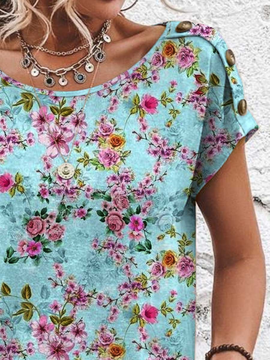 Women's Floral Pattern Print Decorative Button Round Neck Short Sleeve Cotton T-shirt Top