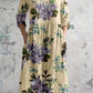 Women's Elegant Rose Floral Pattern V-Neck Cotton and Linen Dress with Pockets