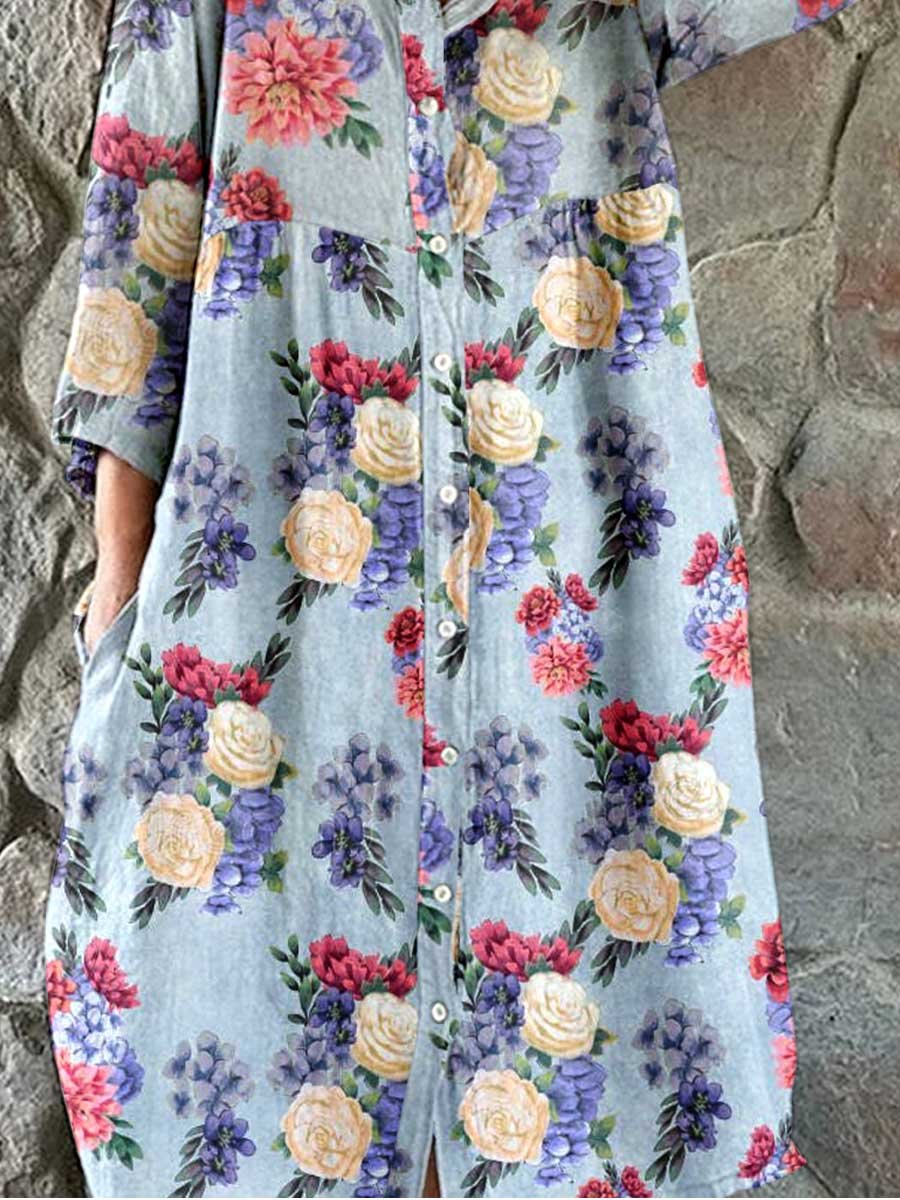 Women's Elegant  Rose Floral Pattern Shirt Style Cotton and Linen Dress