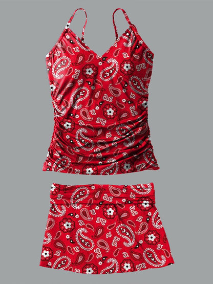 V-Neck Paisley Red Cashew Flower Print Suspender Skirt Tankini Pantskirt Set Swimsuit