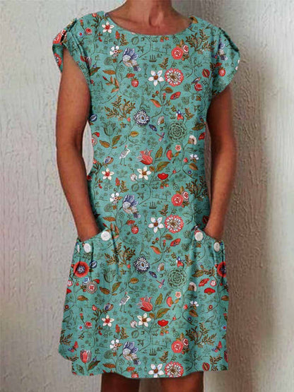 Women's Elegant Rose  Rose Floral Pattern Cotton and Linen Dress with Pockets