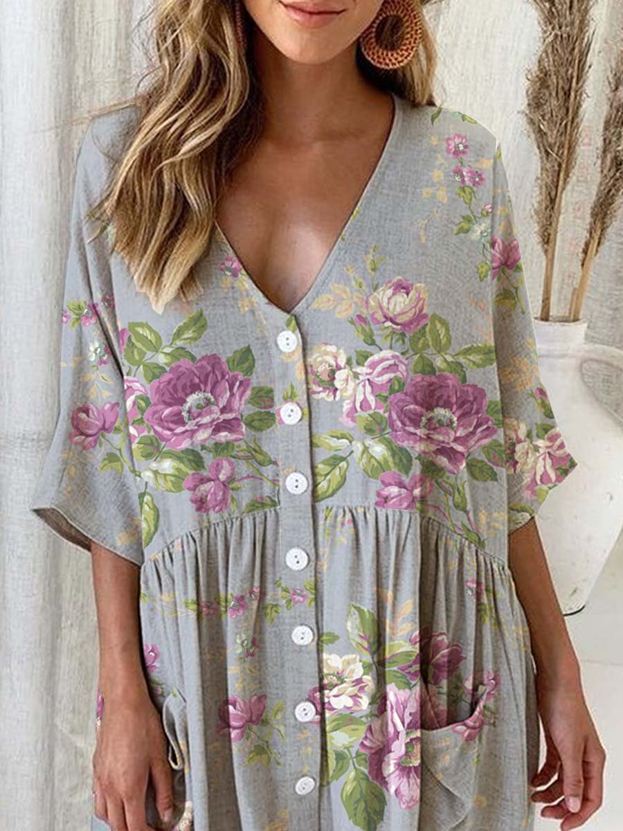 Women's Elegant Rose Floral Print Cotton and Linen Dress