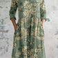 Women's Elegant Ink Painting Floral Pattern Cotton and Linen Dress with Pockets