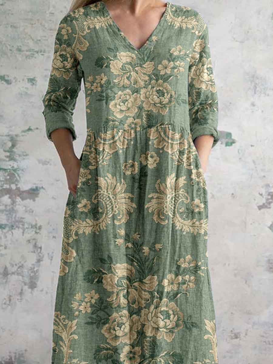 Women's Elegant Ink Painting Floral Pattern Cotton and Linen Dress with Pockets