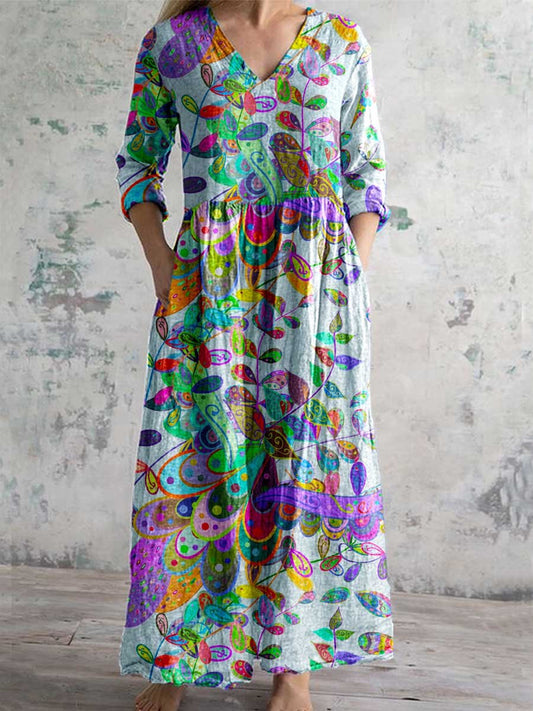 Women's Art Colorful Bohemian Floral V-Neck Cotton and Linen Dress with Pockets