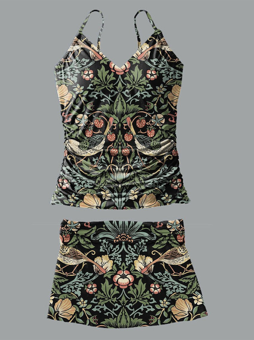 V-Neck Flowers Print Halterneck Pleated Tankini Set Swimsuit