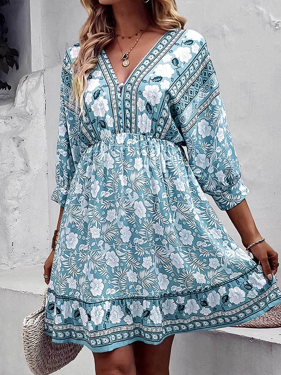 Women's Bohemian Print V-Neck Dress