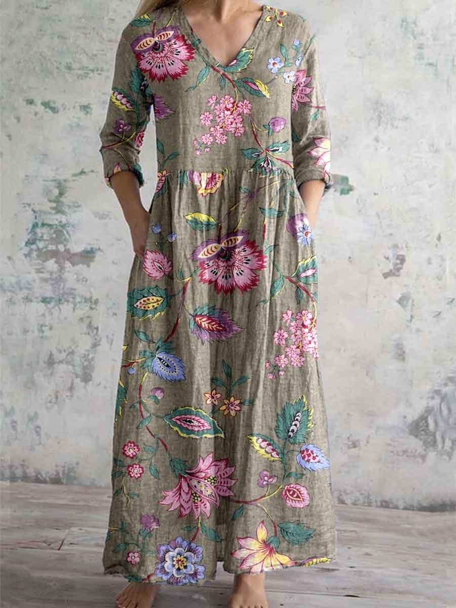 Women's Vintage Elegant Floral Pattern Cotton and Linen Dress with Pockets