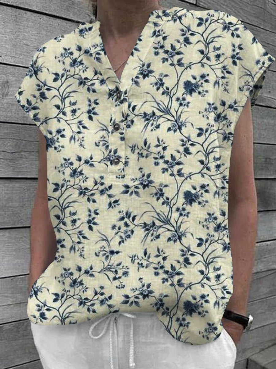 Women's Floral Art Casual Cotton Shirt Top