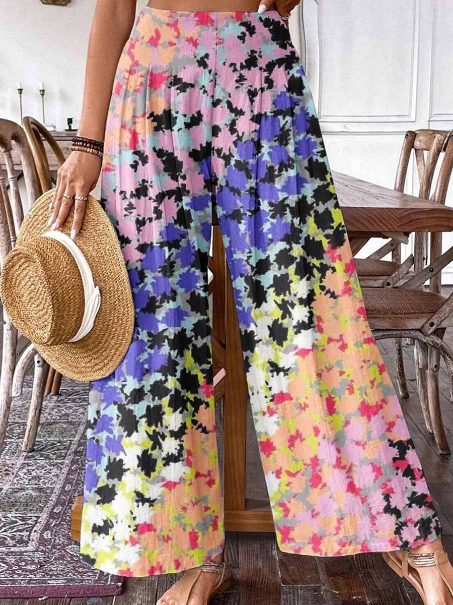 Women's Summer Floral Print Pattern Cotton Wide Leg Pants