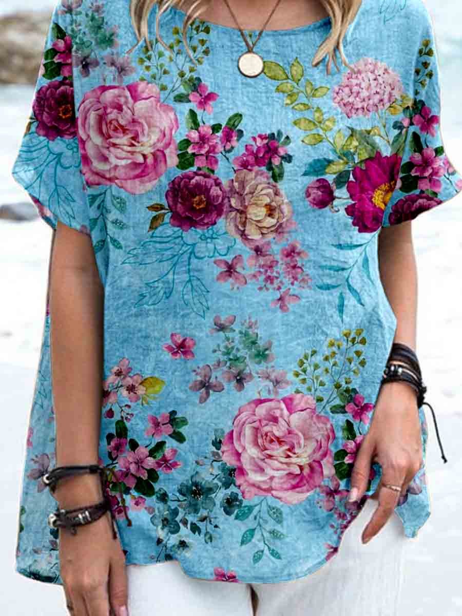 Women's Elegant Vintage Rose Floral Print Linen Top