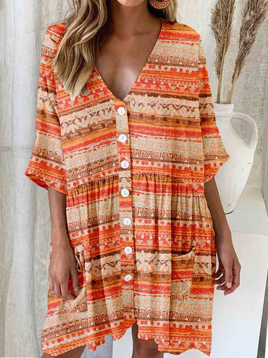 Women's Striped Bohemian V-Neck Cardigan Cotton and Linen Dress