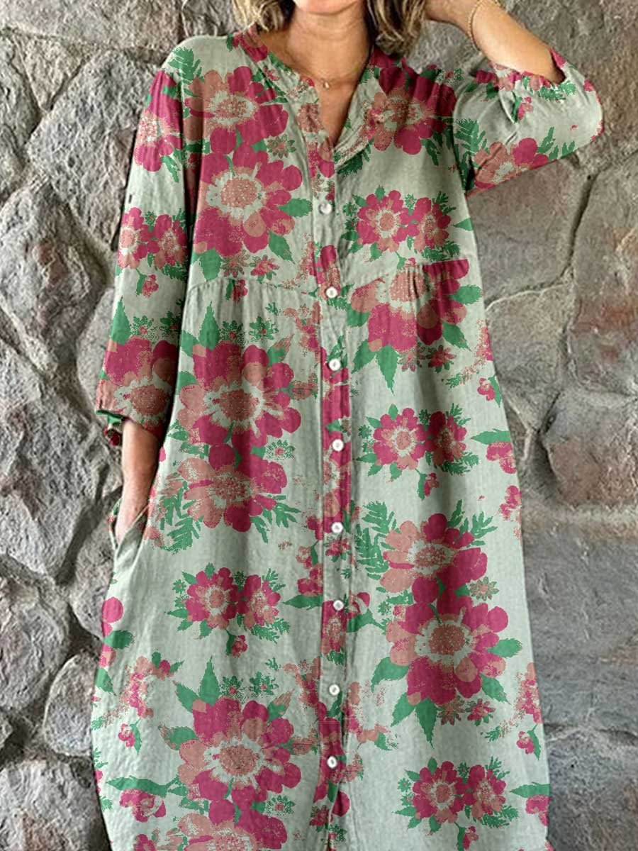 Women's Floral Art Print Cotton and Linen Shirt Dress