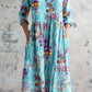 Women's Elegant Rose Floral Print V-Neck Cotton and Linen Dress with Pockets