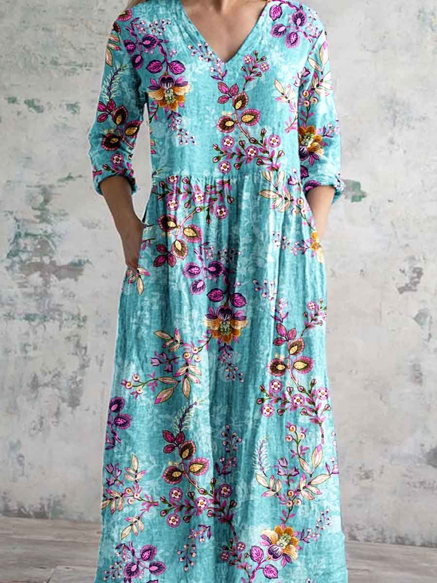 Women's Elegant Rose Floral Print V-Neck Cotton and Linen Dress with Pockets