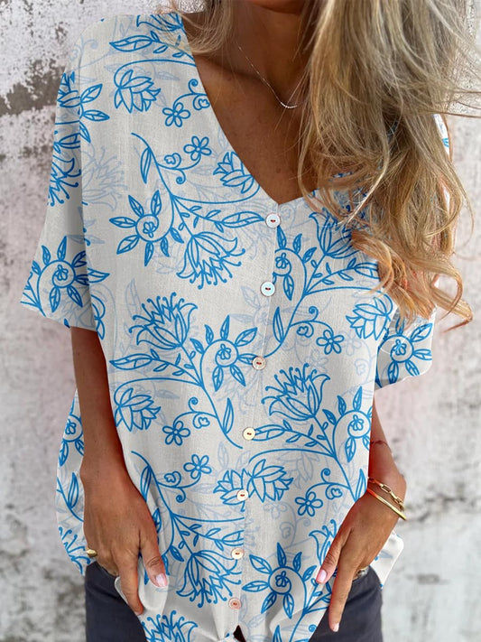 Women's Summer Resort Style Rose Flower Pattern Shirt-style Cotton and Linen Top