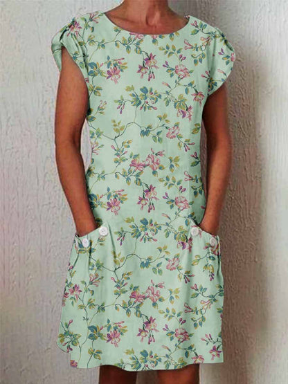 Women's Elegant Rose  Rose Floral Pattern Cotton and Linen Dress with Pockets