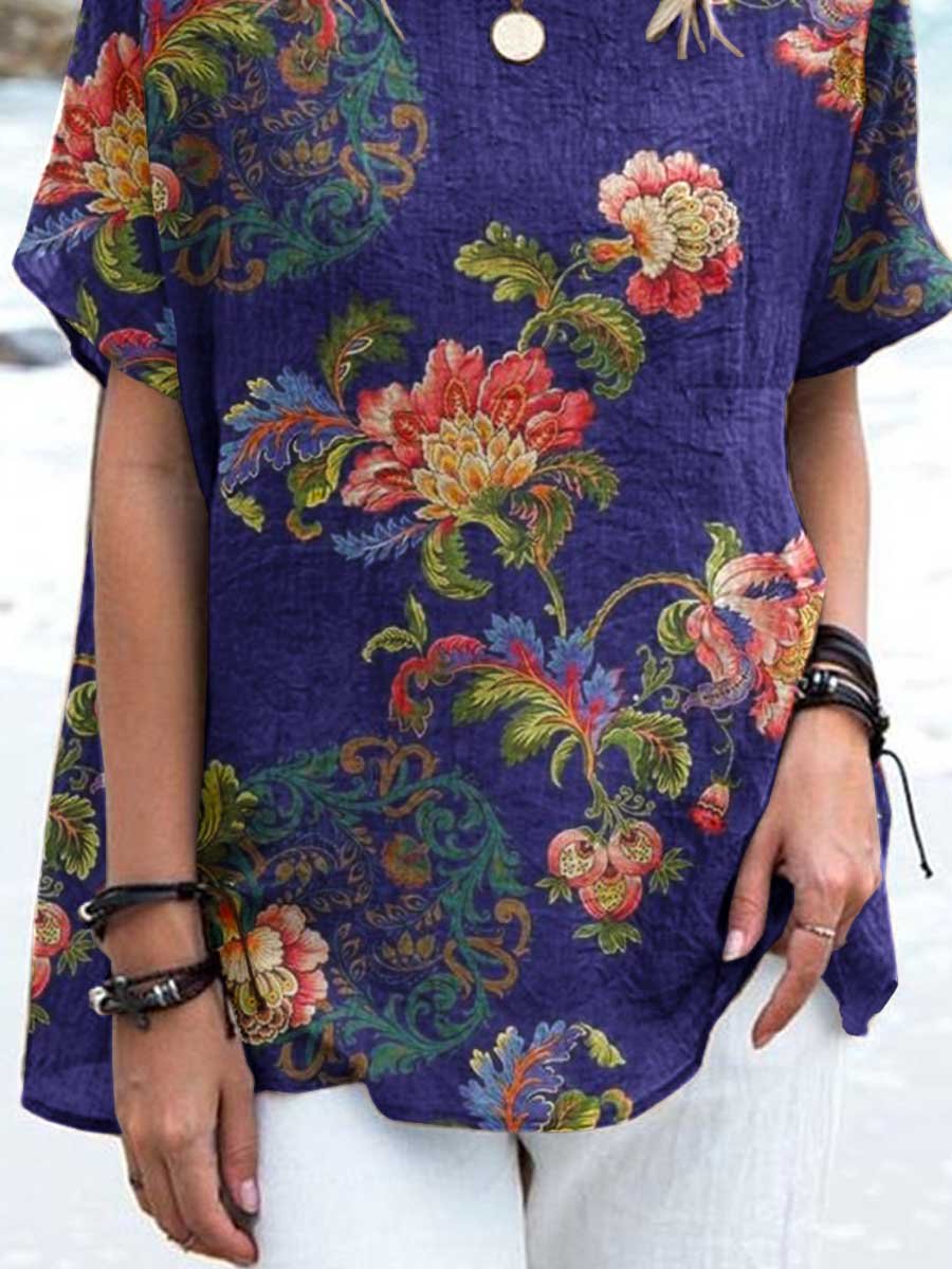 Women's Retro Elegant Floral Round Neck Cotton and Linen Top