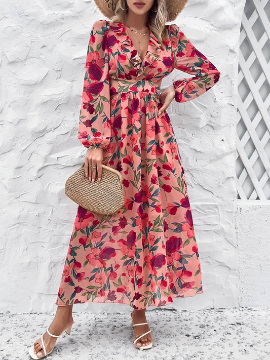 Women's Casual Printed V Neck Dress