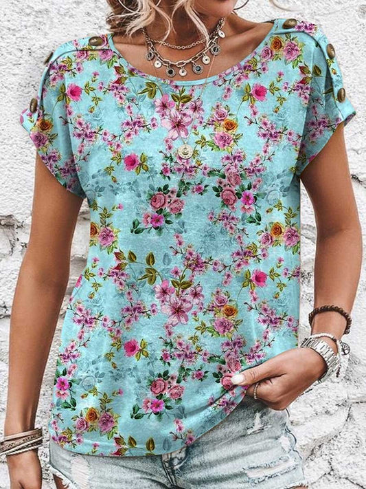 Women's Floral Pattern Print Decorative Button Round Neck Short Sleeve Cotton T-shirt Top