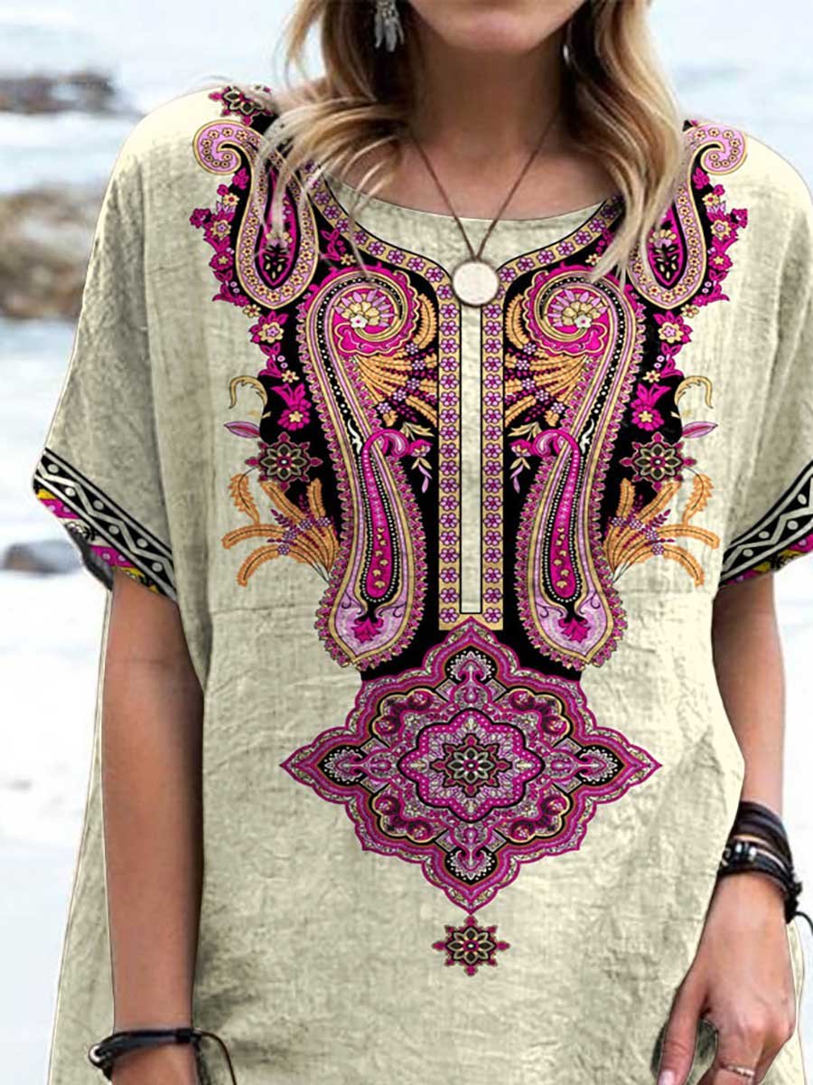 Women's Boho Graphic Printed Cotton and Linen Top