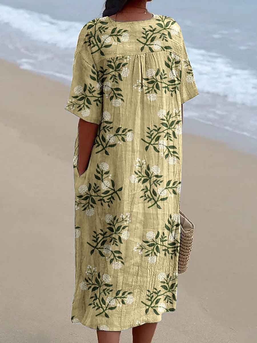 Women's Seaside Vacation Elegant Floral Pattern V-Neck Cotton and Linen Dress