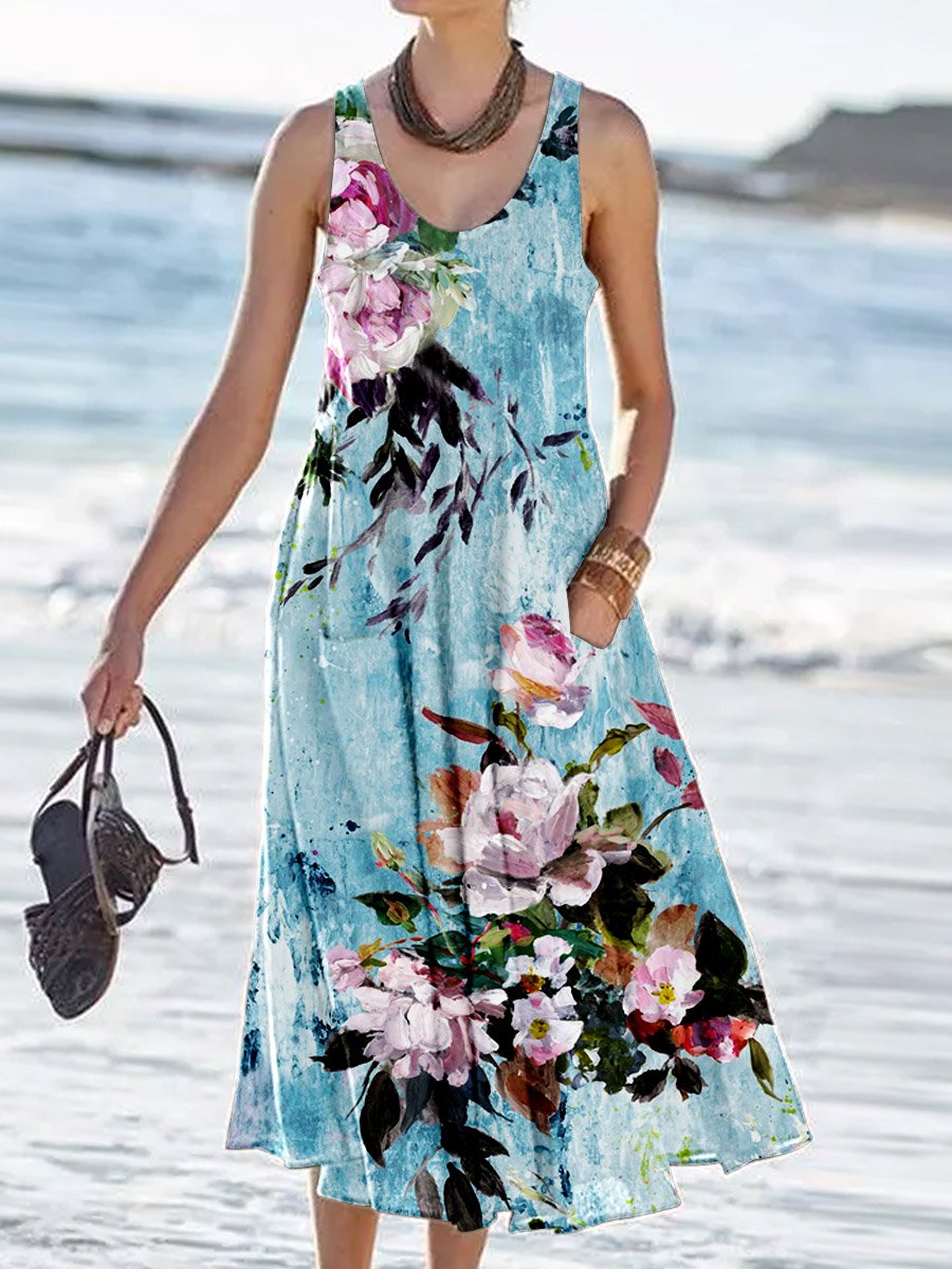 Women's Floral Print Resort Tank Top Dress with Pockets