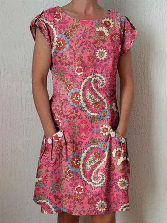 Women's Elegant Pellis Floral Pattern Round Neck Cotton and Linen Dress