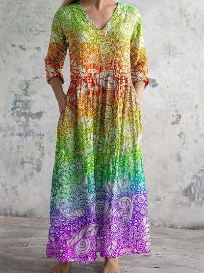 Women's Summer Rainbow Bohemian Pattern Cotton and Linen Dress