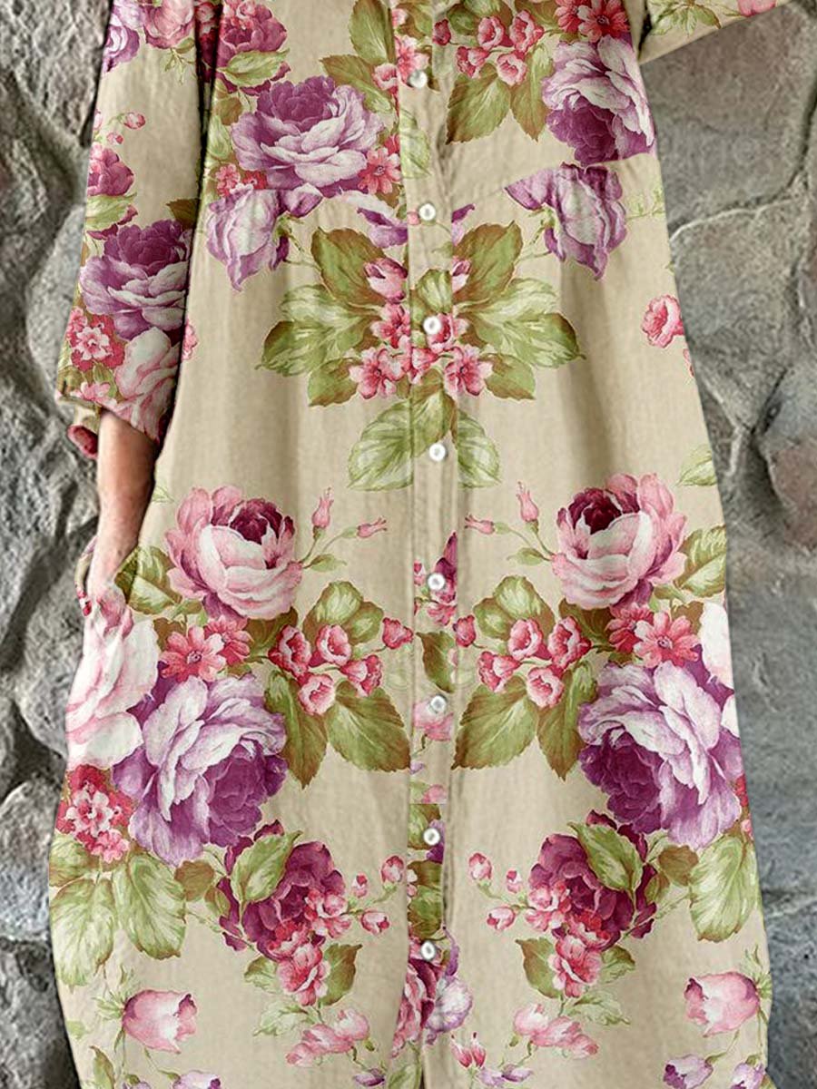 Women's Elegant Rose Floral Print Shirt Style Cotton and Linen Dress